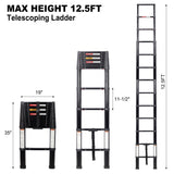 12.5FT Telescopic Ladder Aluminum Ladder with Non - Slip Feet Portable Extension Ladder for Household and Outdoor Working 330lb Capacity - Black - Fab Heavy Parts