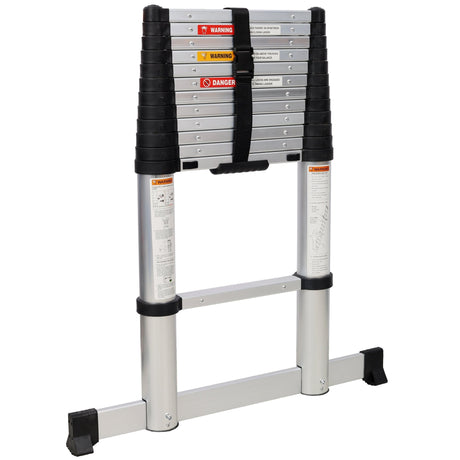12.5FT Telescopic Ladder Aluminum Ladder with Non - Slip Feet With Stabilizer Portable Extension Ladder for Household and Outdoor Working 330lbs Capacity - Silver - Fab Heavy Parts
