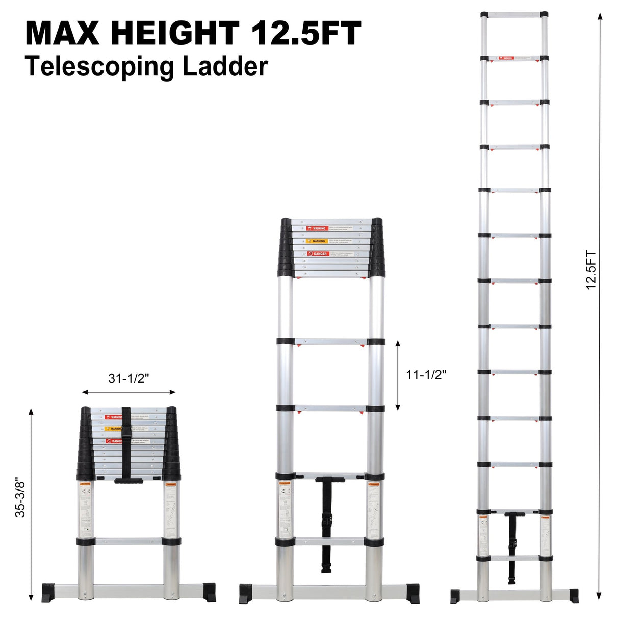 12.5FT Telescopic Ladder Aluminum Ladder with Non - Slip Feet With Stabilizer Portable Extension Ladder for Household and Outdoor Working 330lbs Capacity - Silver - Fab Heavy Parts