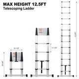 12.5FT Telescopic Ladder Aluminum Ladder with Non - Slip Feet With Stabilizer Portable Extension Ladder for Household and Outdoor Working 330lbs Capacity - Silver - Fab Heavy Parts