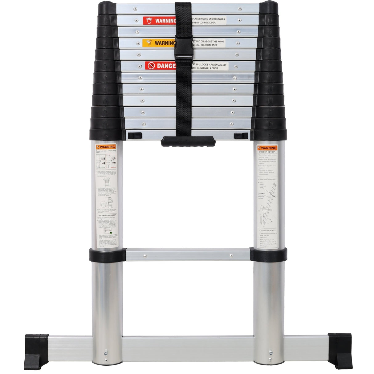 12.5FT Telescopic Ladder Aluminum Ladder with Non - Slip Feet With Stabilizer Portable Extension Ladder for Household and Outdoor Working 330lbs Capacity - Silver - Fab Heavy Parts