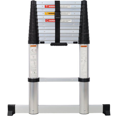 12.5FT Telescopic Ladder Aluminum Ladder with Non - Slip Feet With Stabilizer Portable Extension Ladder for Household and Outdoor Working 330lbs Capacity - Silver - Fab Heavy Parts