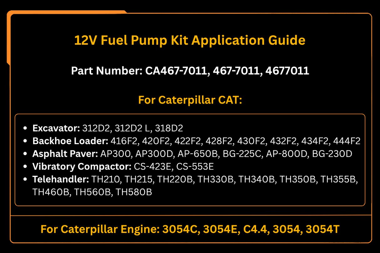 12V Fuel Pump Kit 467-7011 4677011 Fits for Caterpillar CAT Engine 3054C C4.4 Excavator 312D2 318D2 Loader 416F2 420F2 430F2 444F2
