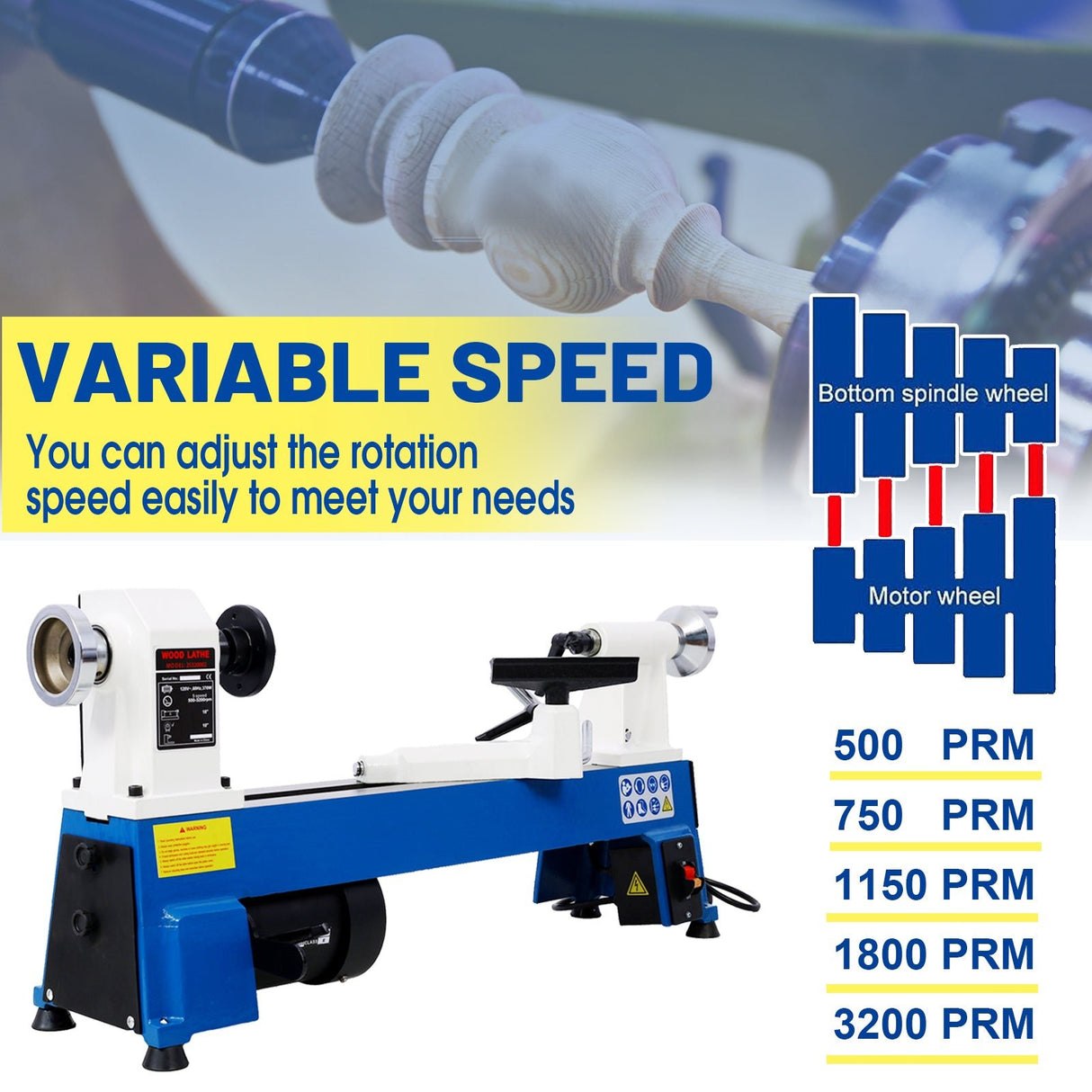 1/2HP Multifunctional Power Benchtop Wood Lathe 10' x 18' 5 Variable Speeds 500/750/1150/1800/3200RPM - Fab Heavy Parts
