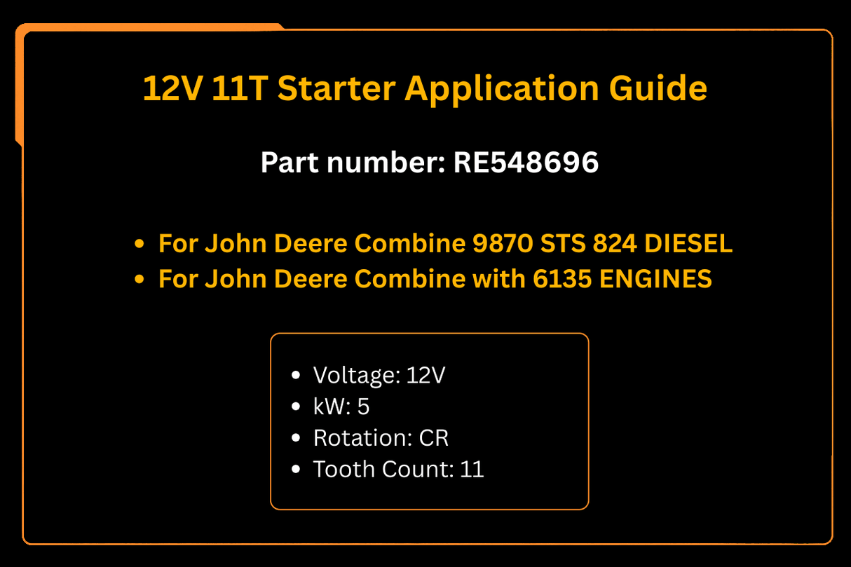 12V 11T Starter RE548696 Fits for John Deere Combines 9870 STS 824 Diesel 6135 Engines - Fab Heavy Parts