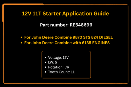 12V 11T Starter RE548696 Fits for John Deere Combines 9870 STS 824 Diesel 6135 Engines - Fab Heavy Parts