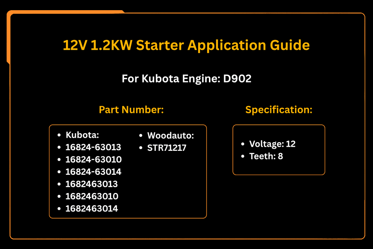 12V 1.2KW Starter 16824 - 63013 16824 - 63010 16824 - 63014 for Kubota Engine D902 - Fab Heavy Parts
