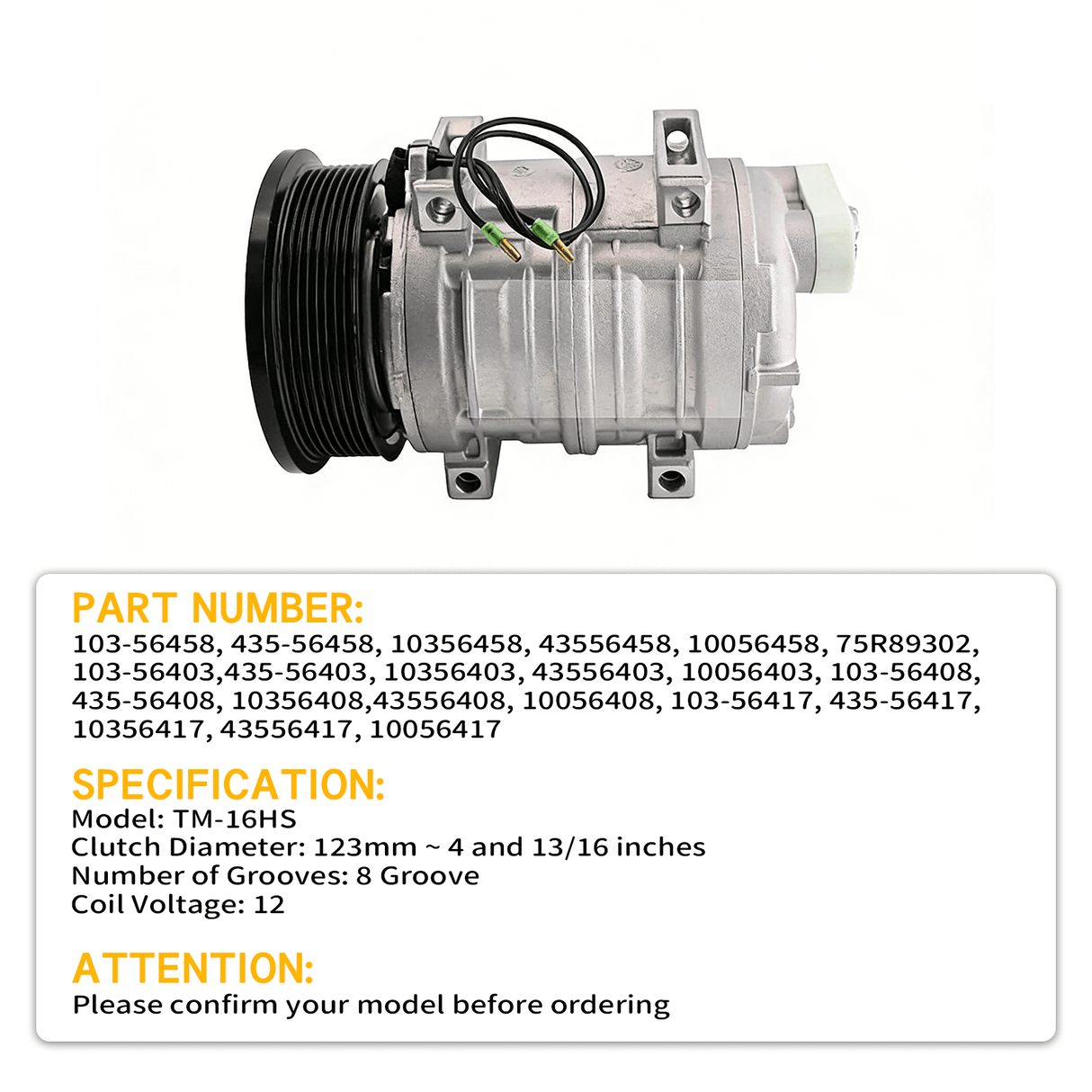 12V 8PK 123mm TM - 16HS A/C Compressor 103 - 56458 103 - 56403 103 - 56408 103 - 56417 435 - 56458 Fits for Seltec - Fab Heavy Parts