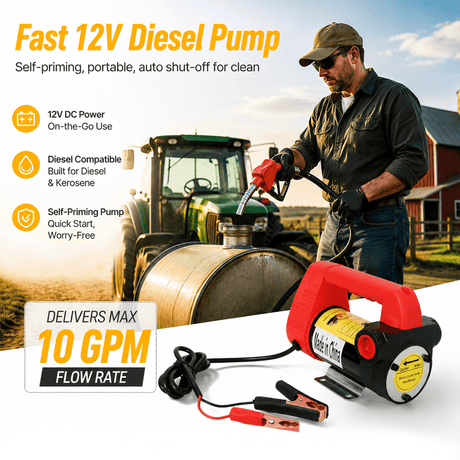 12V DC Portable Self-Priming Diesel Transfer Pump Electric Fuel Extractor with Auto Shut-off Nozzle & Hose Suitable for Diesel Kerosene Machinery Transformer Oil - Fab Heavy Parts