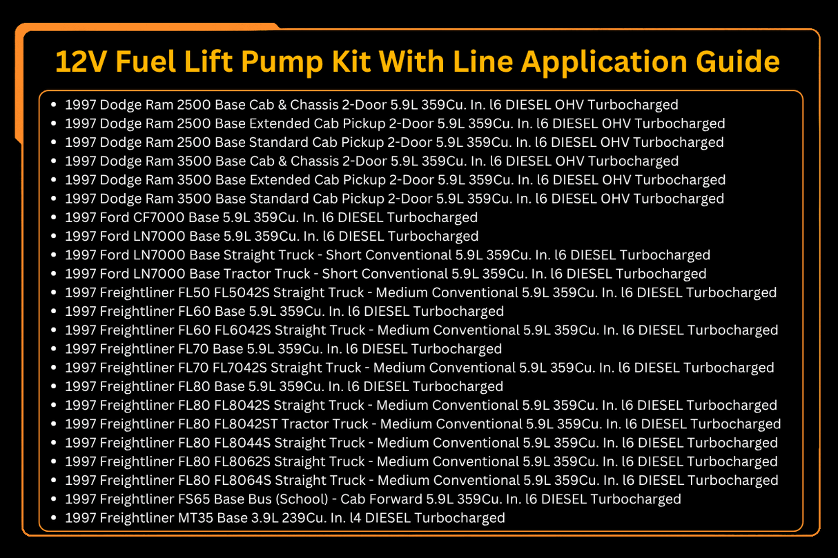 12V Fuel Lift Pump Kit With Line 4988747 3936316 Fits for Cummins Engine 6BT Dodge Ram Pickup Truck 2500 3500 5.9L 1994 - 1998 - Fab Heavy Parts