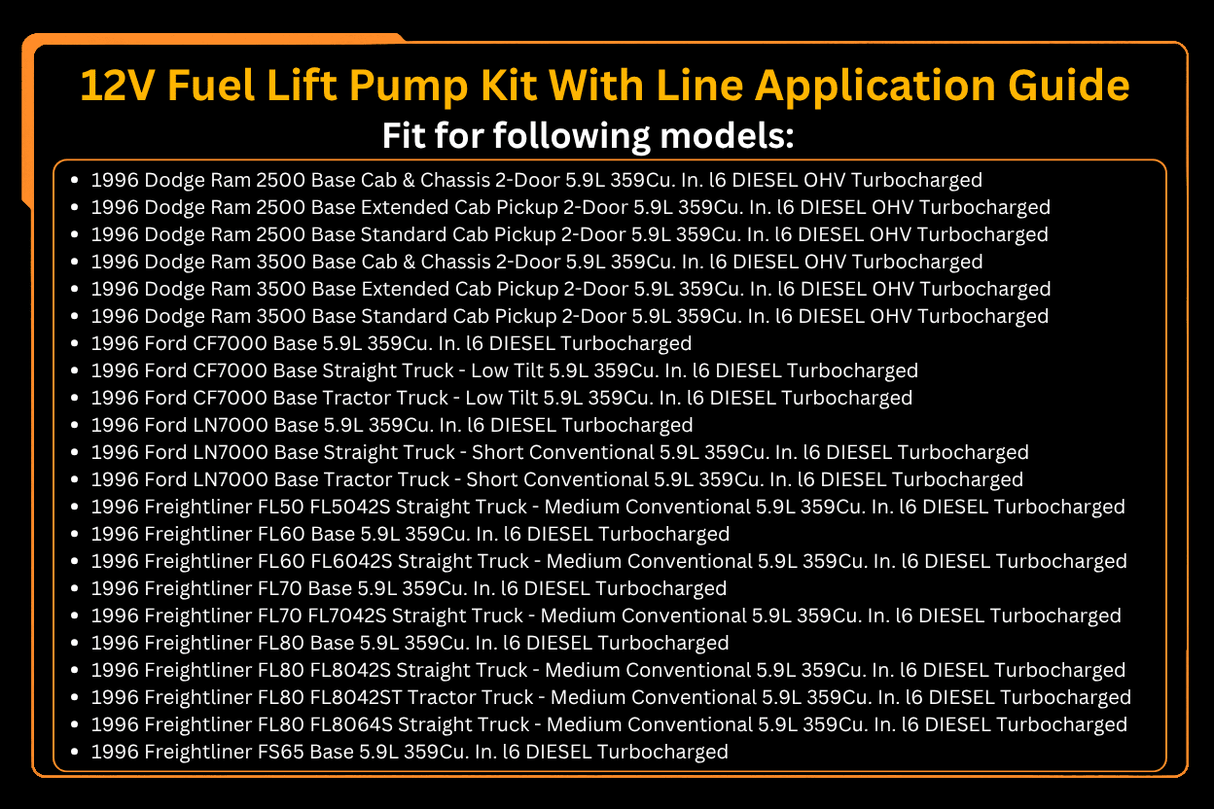 12V Fuel Lift Pump Kit With Line 4988747 3936316 Fits for Cummins Engine 6BT Dodge Ram Pickup Truck 2500 3500 5.9L 1994 - 1998 - Fab Heavy Parts
