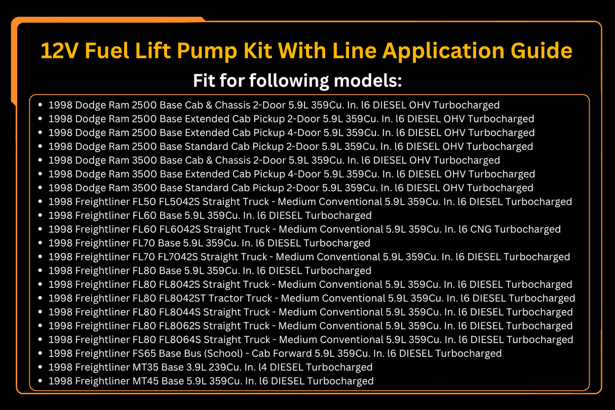 12V Fuel Lift Pump Kit With Line 4988747 3936316 Fits for Cummins Engine 6BT Dodge Ram Pickup Truck 2500 3500 5.9L 1994 - 1998 - Fab Heavy Parts