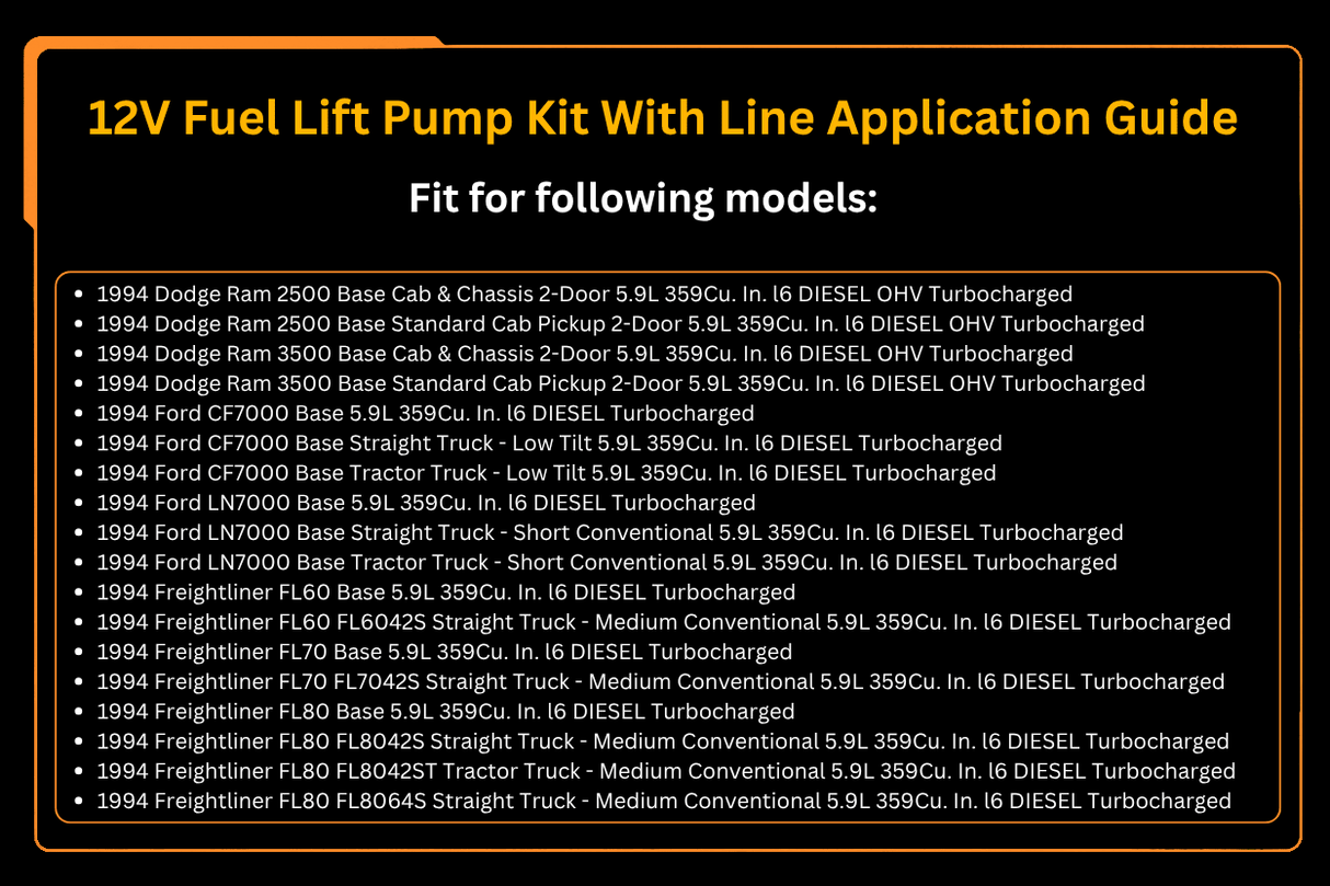 12V Fuel Lift Pump Kit With Line 4988747 3936316 Fits for Cummins Engine 6BT Dodge Ram Pickup Truck 2500 3500 5.9L 1994 - 1998 - Fab Heavy Parts