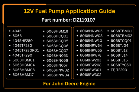 12V Fuel Pump DZ119107 for John Deere 4045 6068 2204 7200J 7210J 7215J - Fab Heavy Parts