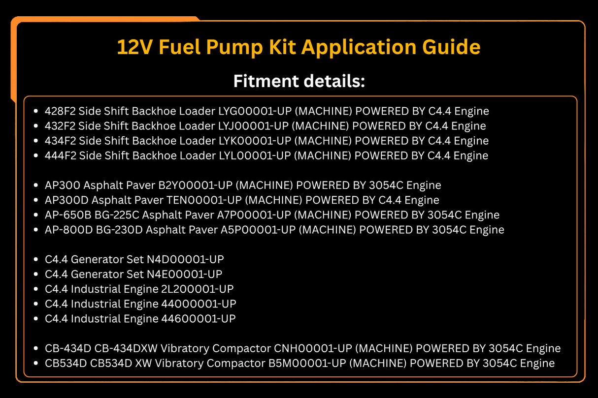 12V Fuel Pump Kit 467 - 7011 4677011 Fits for Caterpillar CAT Engine 3054C C4.4 Excavator 312D2 318D2 Loader 416F2 420F2 430F2 444F2 - Fab Heavy Parts