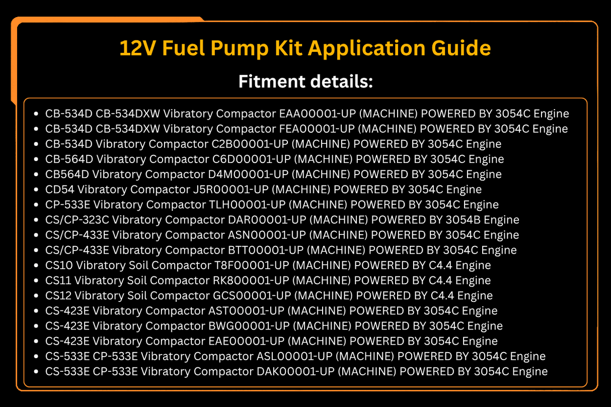 12V Fuel Pump Kit 467 - 7011 4677011 Fits for Caterpillar CAT Engine 3054C C4.4 Excavator 312D2 318D2 Loader 416F2 420F2 430F2 444F2 - Fab Heavy Parts