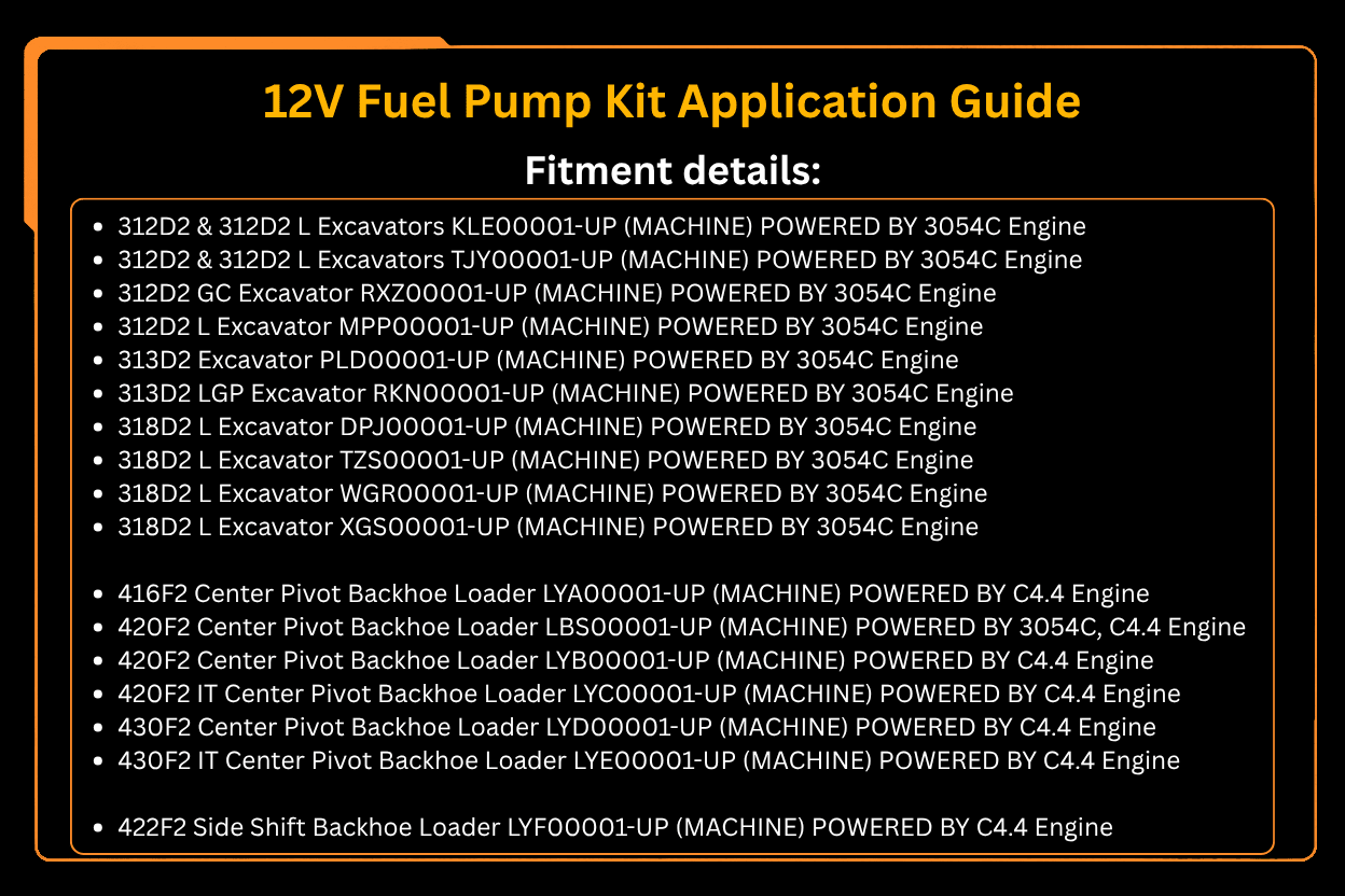 12V Fuel Pump Kit 467 - 7011 4677011 Fits for Caterpillar CAT Engine 3054C C4.4 Excavator 312D2 318D2 Loader 416F2 420F2 430F2 444F2 - Fab Heavy Parts