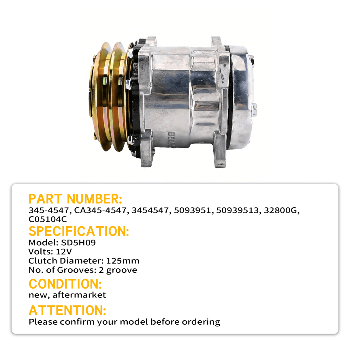 12V SD5H09 A/C Compressor 345 - 4547 3454547 Fits for Caterpillar CAT 259D 279D 289D 299D 257D 277D 287D 236D 246D - Fab Heavy Parts