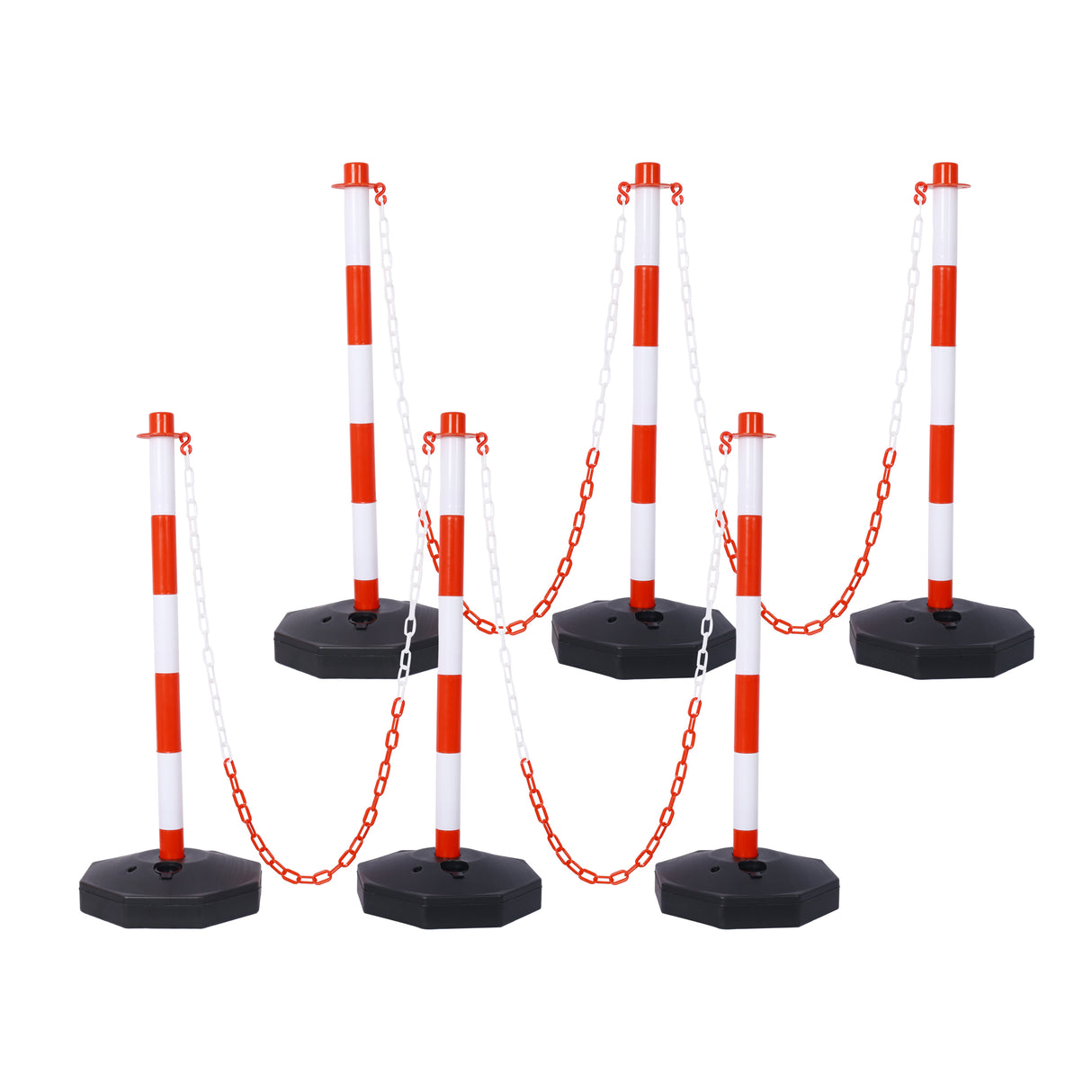 6 Pack Traffic Delineator Post Cones with Fillable Base Adjustable Safety Barrier with 5Ft Plastic Chain--White+Red