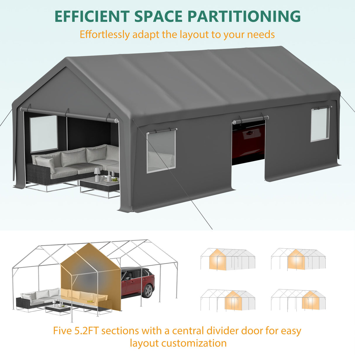 13x26 FT Heavy Duty Carport Canopy with 2 Roll - Up Doors + 1 Side Door Removable End Walls & Windows All - Weather Portable Garage Shelter for Car, Truck, Boat, Vehicle - Fab Heavy Parts