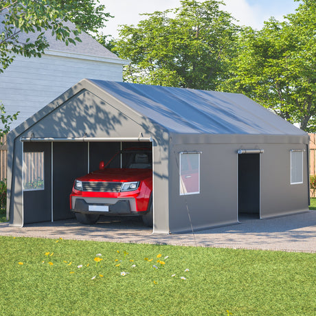 13x26 FT Heavy Duty Carport Canopy with 2 Roll - Up Doors + 1 Side Door Removable End Walls & Windows All - Weather Portable Garage Shelter for Car, Truck, Boat, Vehicle - Fab Heavy Parts