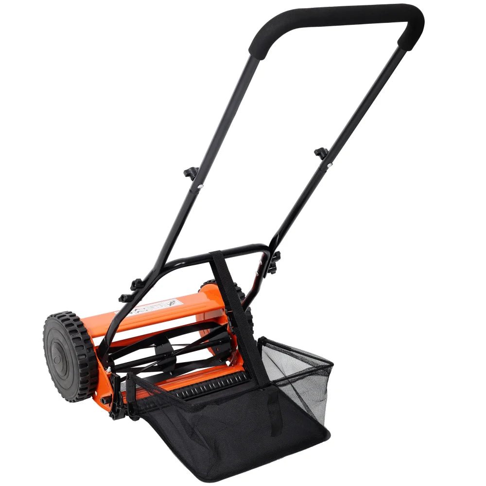 14 - Inch 5 - Blade Push Reel Lawn Mower with Grass Catcher - Orange - Fab Heavy Parts