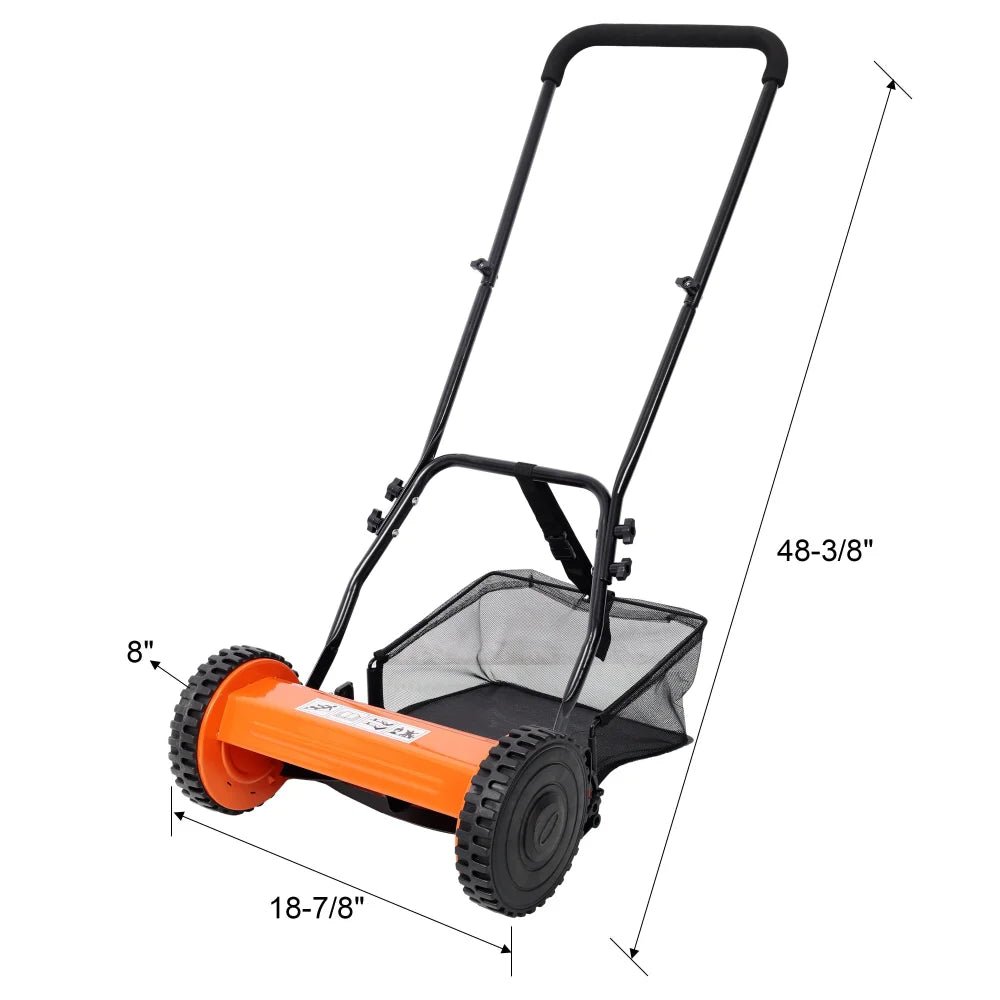 14 - Inch 5 - Blade Push Reel Lawn Mower with Grass Catcher - Orange - Fab Heavy Parts