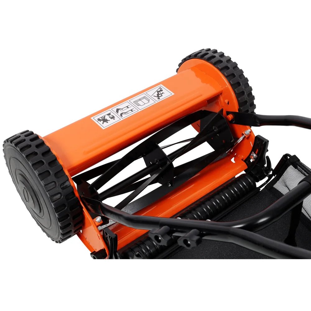 14 - Inch 5 - Blade Push Reel Lawn Mower with Grass Catcher - Orange - Fab Heavy Parts