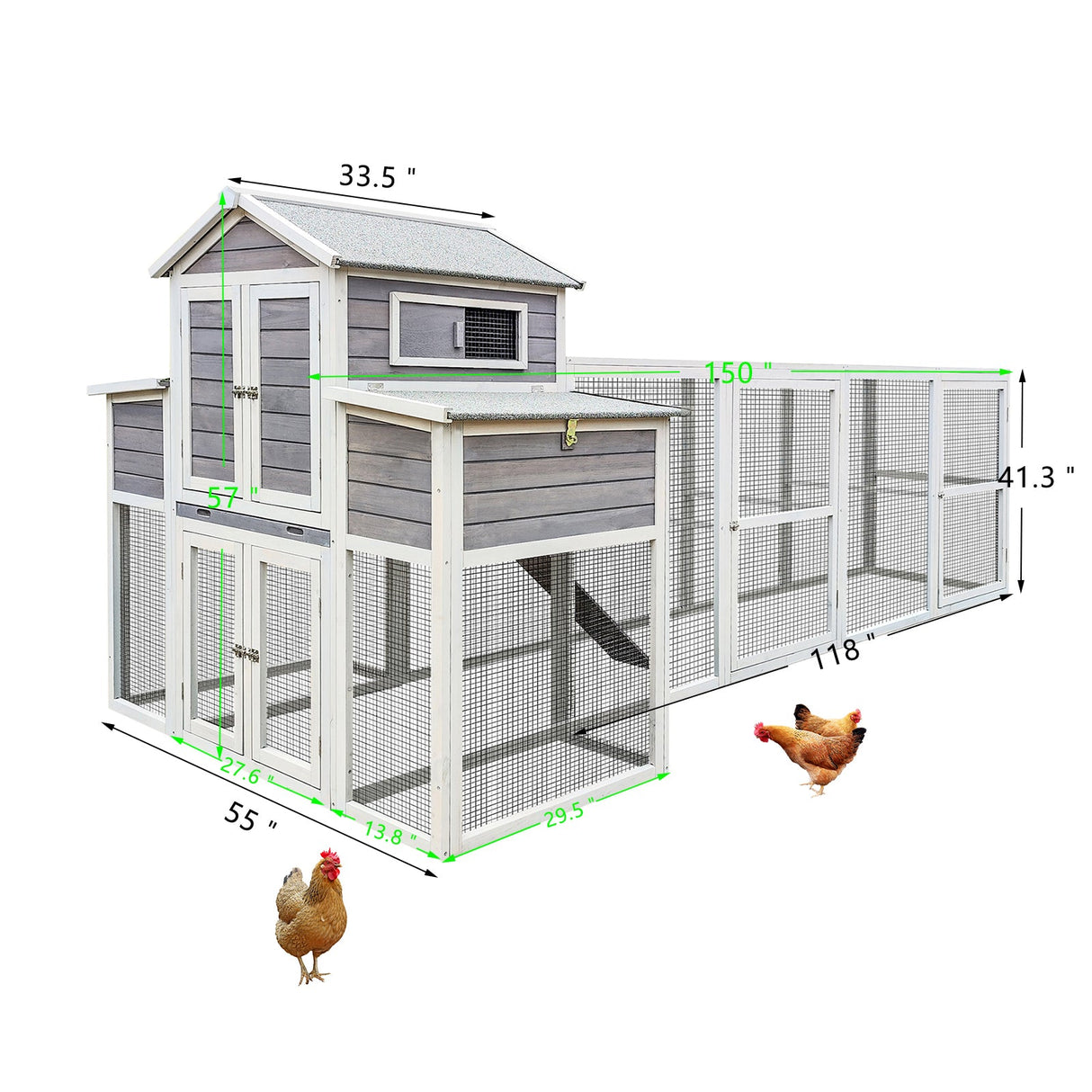 150“ Extra Large Outdoor Wooden Chicken Coop with Rust - Proof Metal Wire 2 Nesting Boxes 5 Perches - Fab Heavy Parts