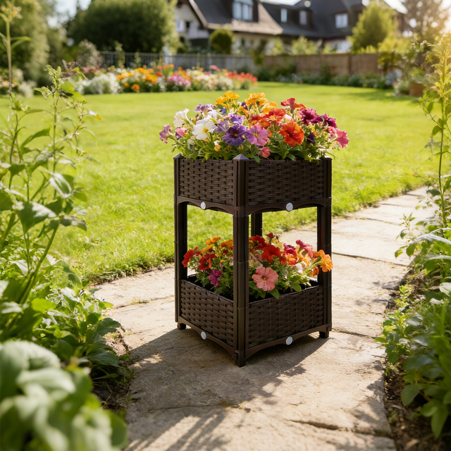 15.7"x15.7"x27.7" Elevated Planter Garden Box with Drainage Plug Raised Beds for Vegetable/Flower/Herb Outdoor Standing Gardening Kit - Brown - Fab Heavy Parts