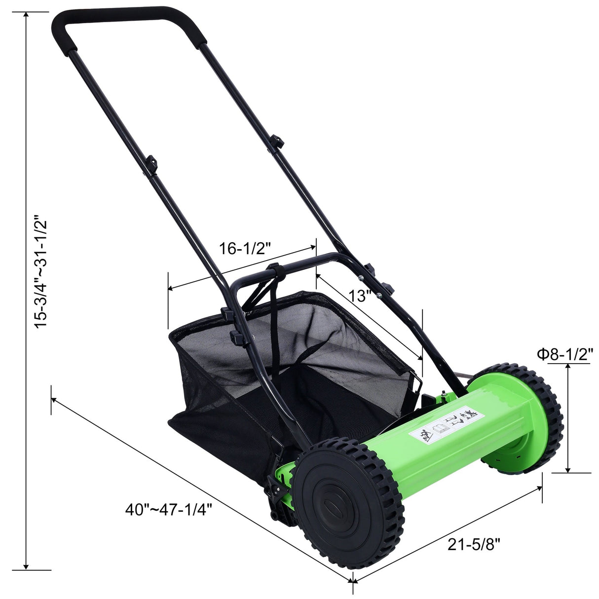 16 - Inch 5 - Blade Push Reel Lawn Mower with Grass Catcher Green - Fab Heavy Parts