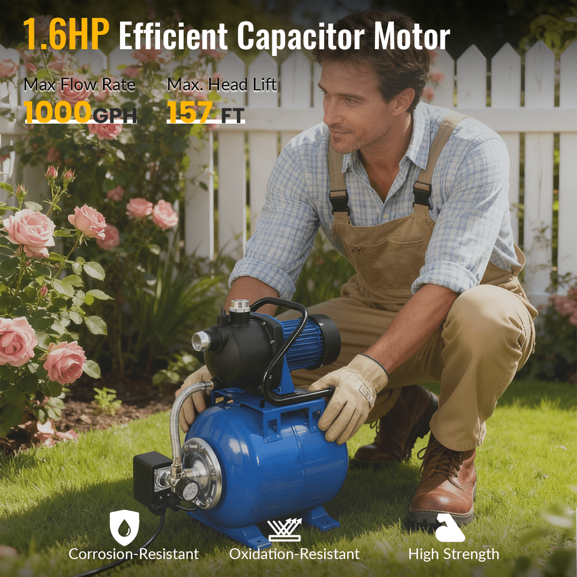 1.6HP Shallow Well Pump with Pressure Tank Automatic Booster Pump - Blue - Fab Heavy Parts