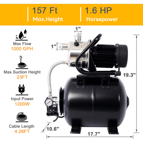 1.6HP Shallow Well Pump with Pressure Tank Garden Water Pump Irrigation Pump Automatic Stainless Steel Head - Fab Heavy Parts