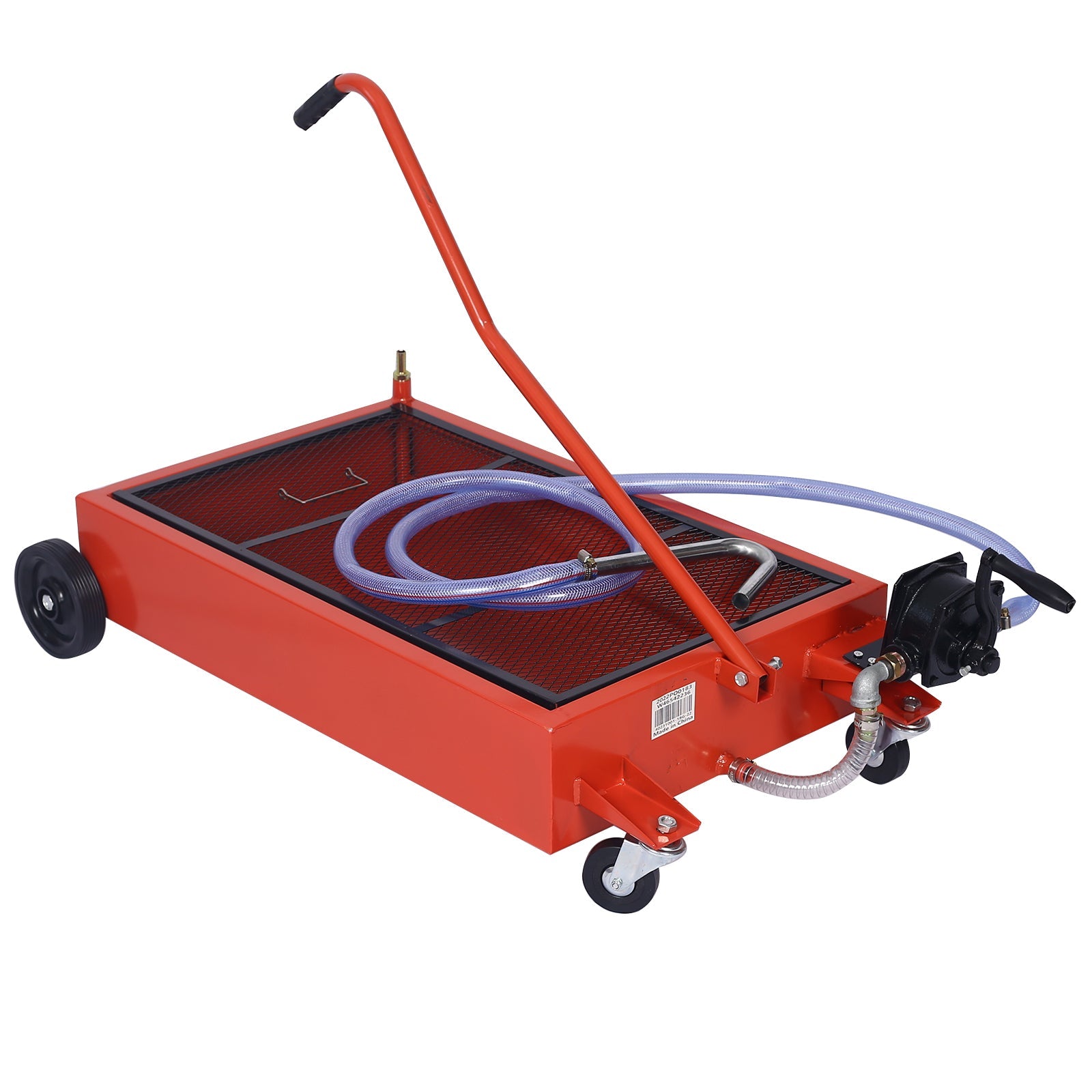 17 - Gallon Low - Profile Oil Drain Pan with Manual Pump - Red - Fab Heavy Parts