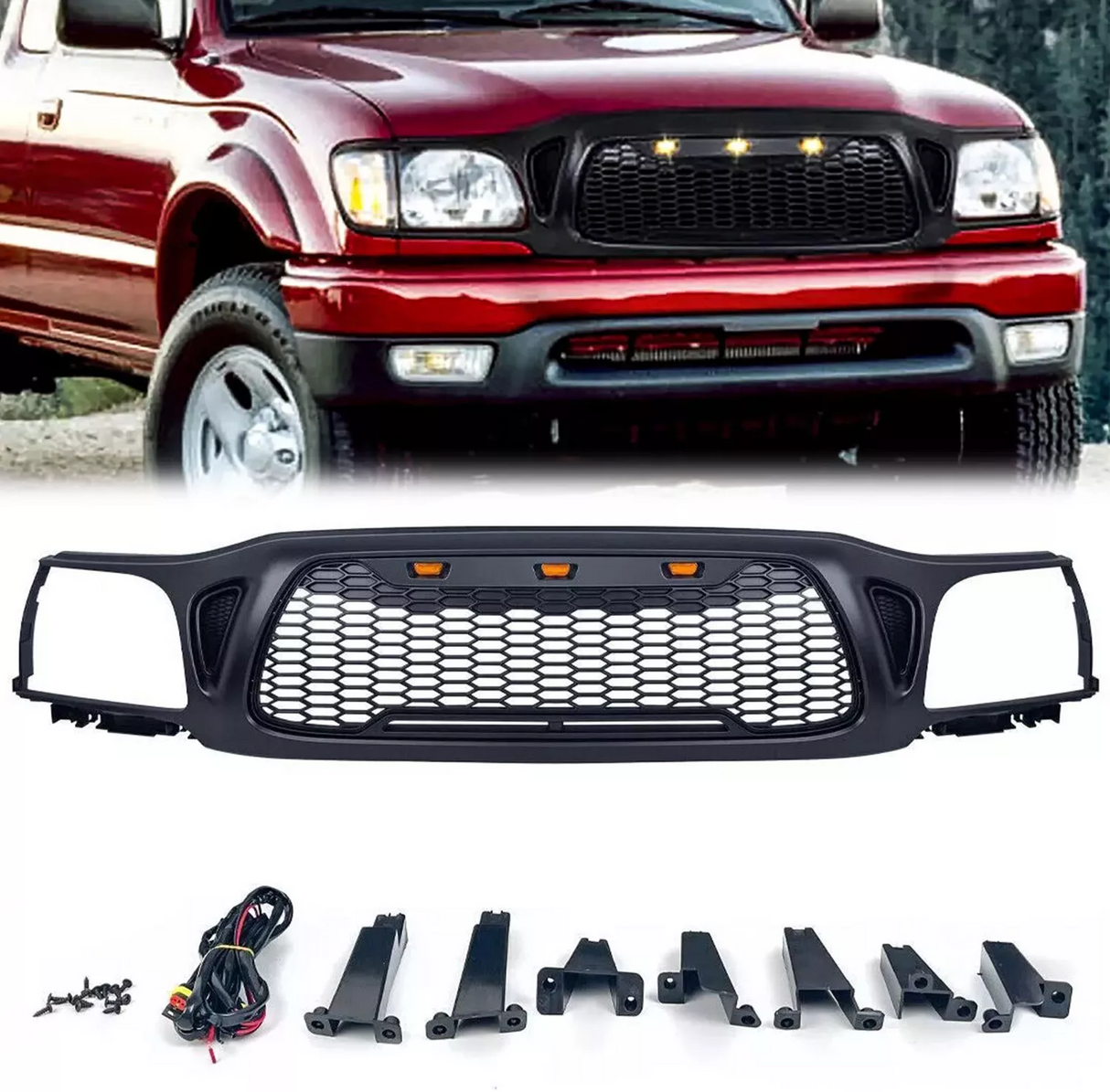 Front Grille Fits for Tacoma 2001 2002 2003 2004 With Amber LED Accent Lights Matte Black