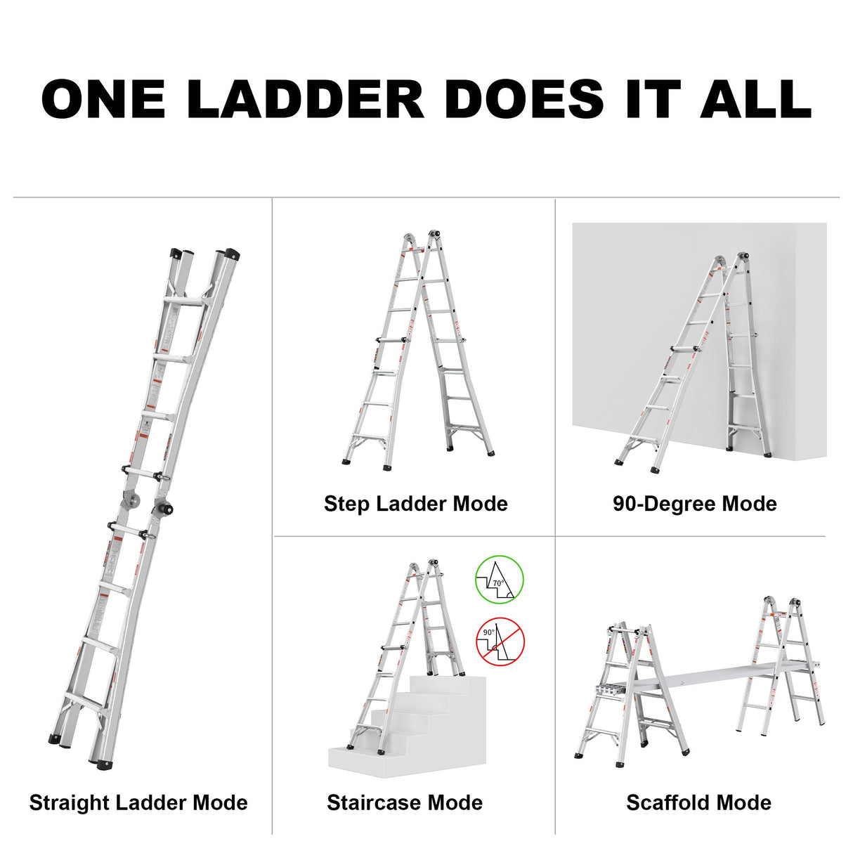 17ft Multi - Position Foldable Aluminum Ladder A - Frame and Straight Ladder ANSI 250lbs - Grey - Fab Heavy Parts