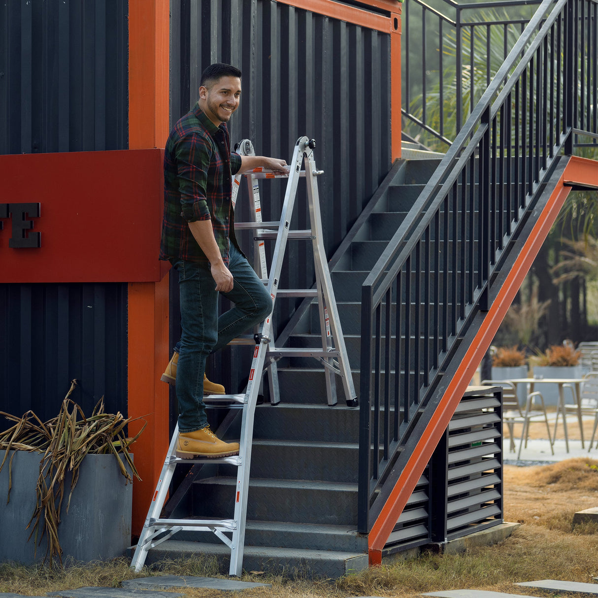 17ft Multi - Position Foldable Aluminum Ladder A - Frame and Straight Ladder ANSI 250lbs - Grey - Fab Heavy Parts