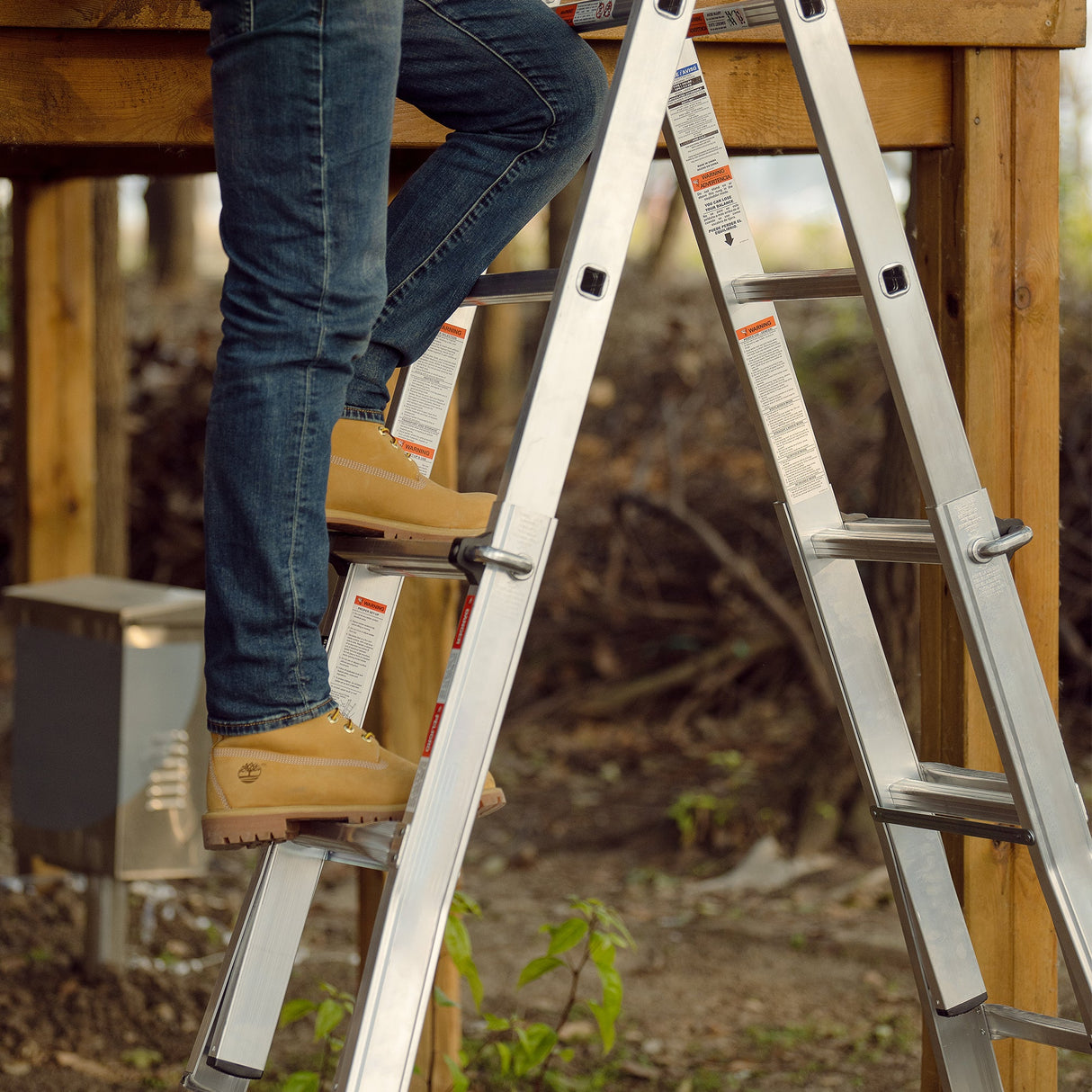 17ft Multi - Position Foldable Aluminum Ladder A - Frame and Straight Ladder ANSI 250lbs - Grey - Fab Heavy Parts
