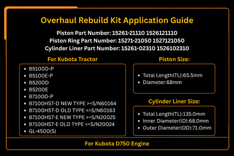 Revisie Rebuild Kit voor Kubota Motor D750 D750B D750-B Tractor B1200 B7100 B5100D-P B5200D B5200E B1702DT