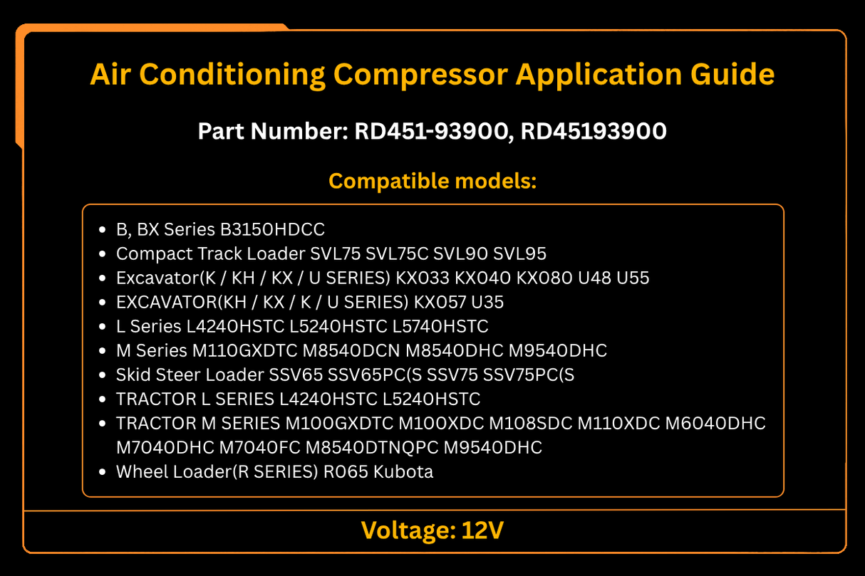 Compressore dell'aria condizionata RD451-93900 adatto per pala cingolata Kubota SVL75C SVL75-2C SVL90C SVL95 escavatore KX057
