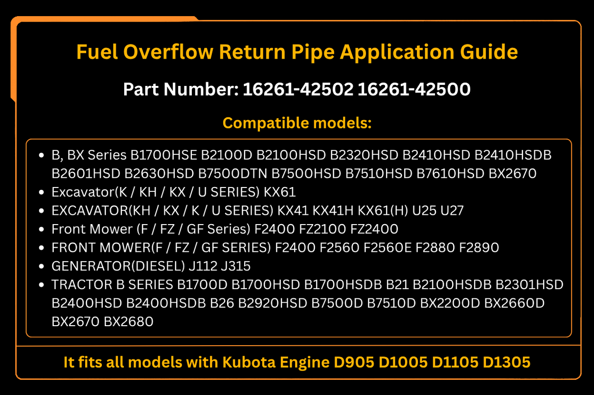 Kraftstoffüberlauf-Rücklaufrohr 16261-42502 für Kubota-Motor D905 D1005 D1105 D1305