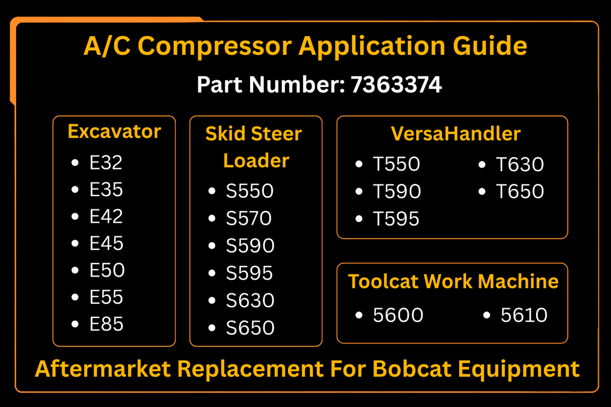 A/C Compressor 7363374 Aftermarket Replacement For Bobcat s550 s570 s590 s595 s630 s650 t550 t590 t595 t630 t650 e32 e35 e42 e45 e50 e55 e85