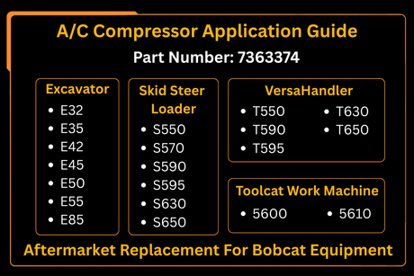A/C Compressor 7363374 Aftermarket Replacement For Bobcat s550 s570 s590 s595 s630 s650 t550 t590 t595 t630 t650 e32 e35 e42 e45 e50 e55 e85