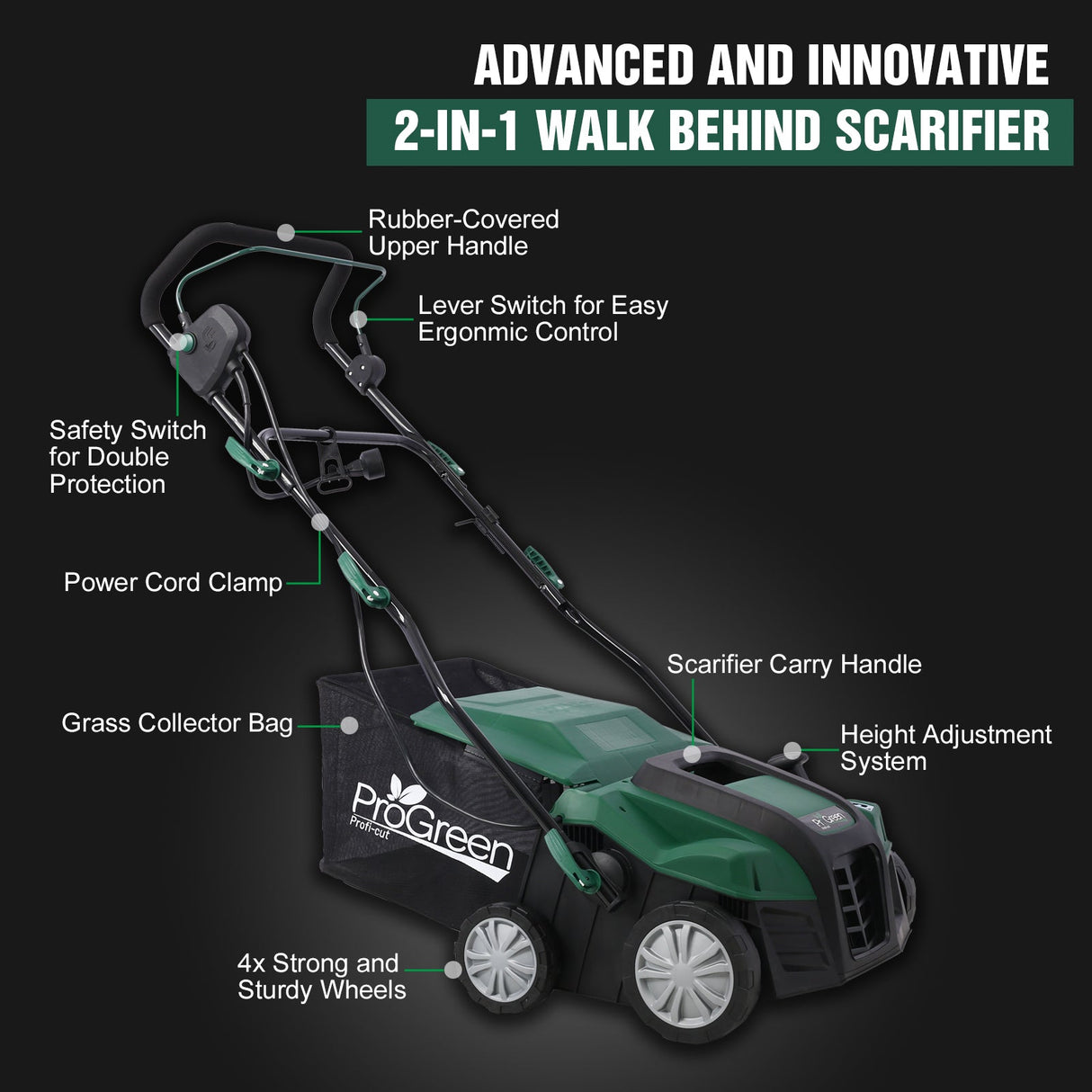 2 - in - 1 16Inch Electric Dethatcher Scarifier 15 Amp with Removable Collection Bag Extra Large 58QT - Fab Heavy Parts