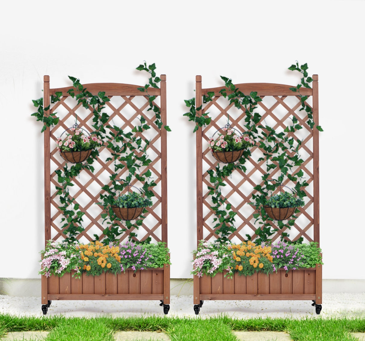 2 Pack Raised Garden Bed with Trellis Wooden Planter Box & Plant Stand with Climbing Racks - Fab Heavy Parts
