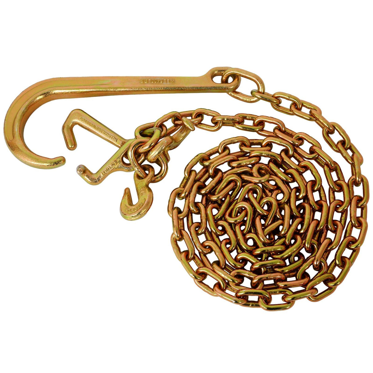 2 Pcs Grade 70 5/16 Inch x 10 Feets Transport Tow Chain J Hook Long Shank w/R T Grab Yellow Zinc - 3,700 lbs. Safe Working Load - Fab Heavy Parts