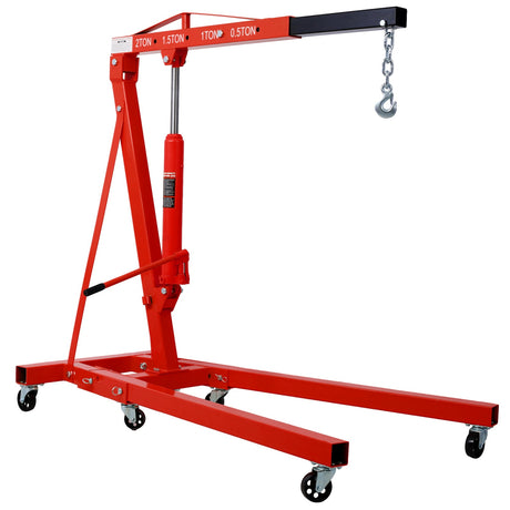 2 Ton Folding Engine Hoist Cherry Picker Shop Crane Lift Heavy Duty Steel with 6 Iron Caster Wheels - Red - Fab Heavy Parts