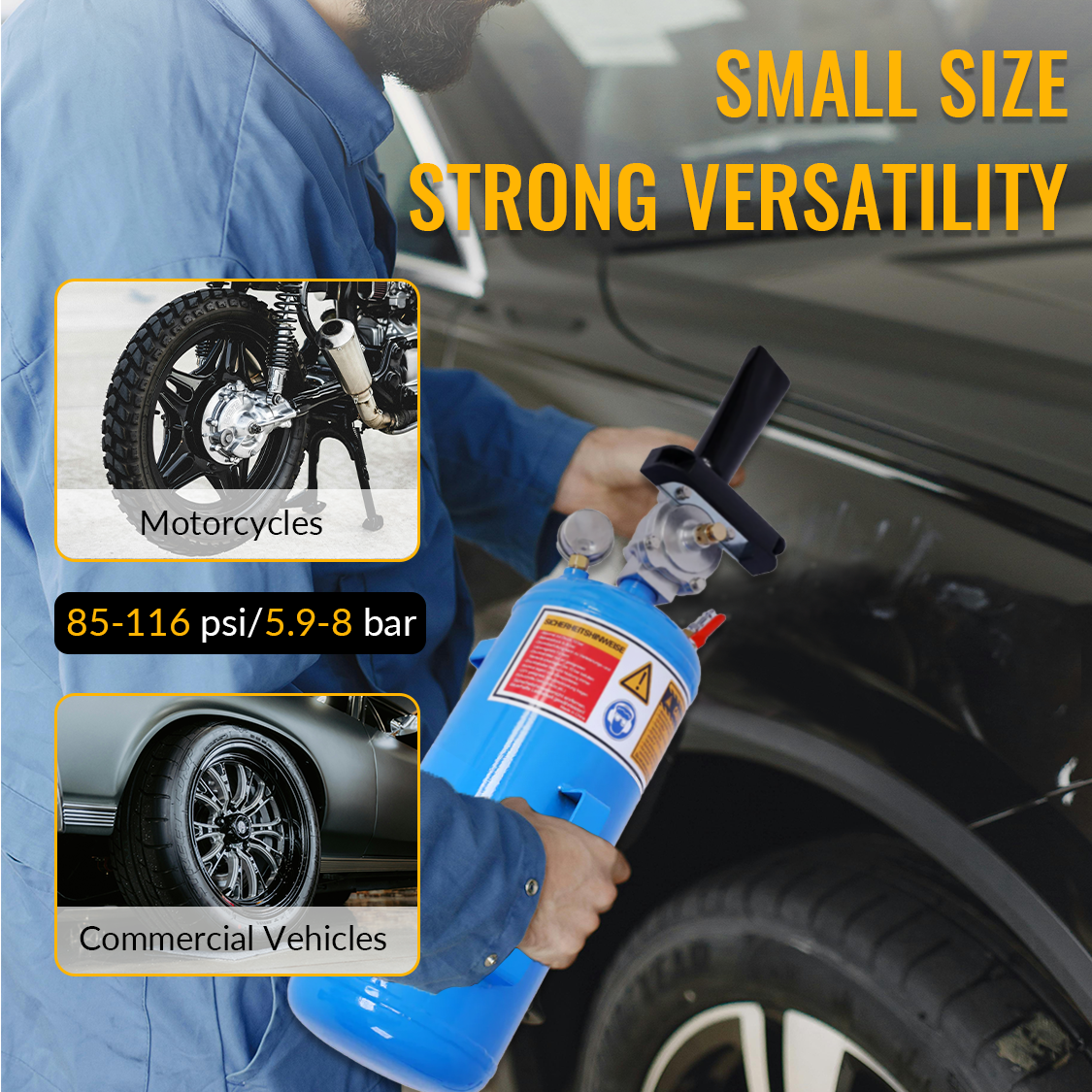 1.8Gal/7L Air Tire Bead Seater Blaster 120 PSI Handheld Bead Bazooka Portable Inflator Tool 85-116 PSI Operating Pressure