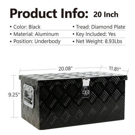 20 Inch Truck Box Aluminum Black Long Flat Tool Box 5 Bar Tread with Lock Side Handle and Keys 20.1"×11.8"×9.3" - Fab Heavy Parts