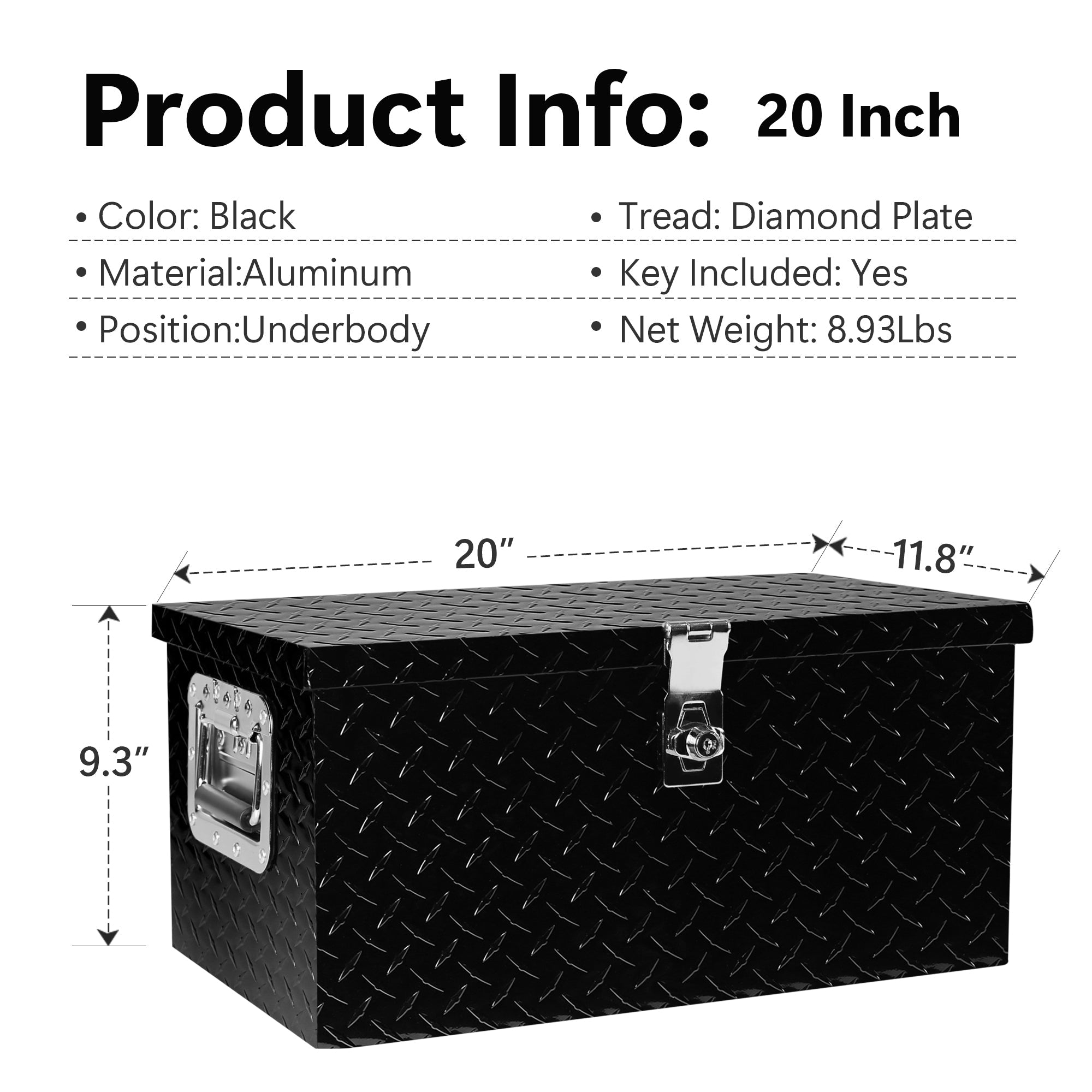20 Inch Truck Box Aluminum Tool Box with Lock Side Handle and Keys Black 20.1